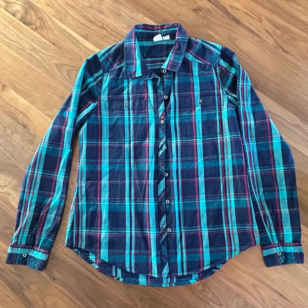 Roxy women’s blue plaid button down size Large